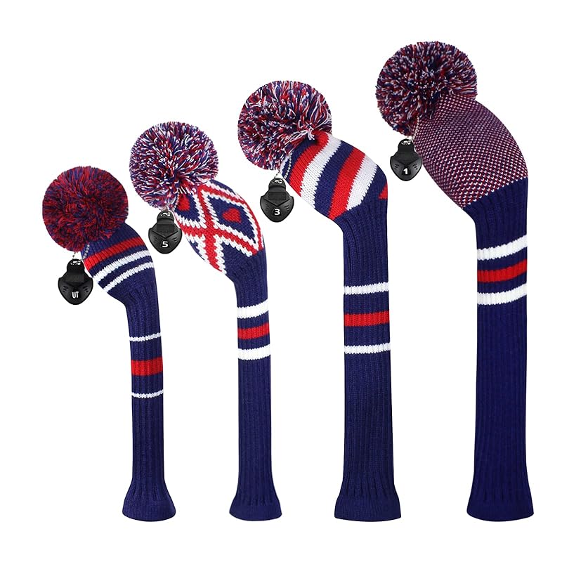 Scott Edwardニットゴルフヘッドカバー4点セット手作りでドライバーやレーンウッズに適しておりロングネックのPom-Pomゴルフクラブヘッドカバーが付いておりカラーバリエーションが豊富