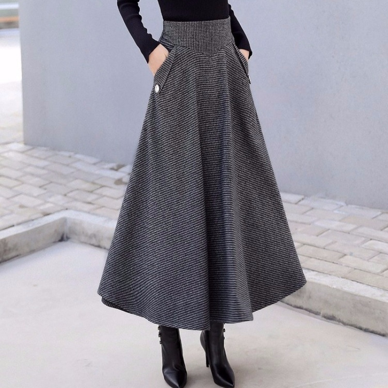 ミドル丈ウールスカート スリムハイウエストチェック柄ロングスカート 大きいサイズ中厚手aラインアンブレラスカート 秋冬新作
