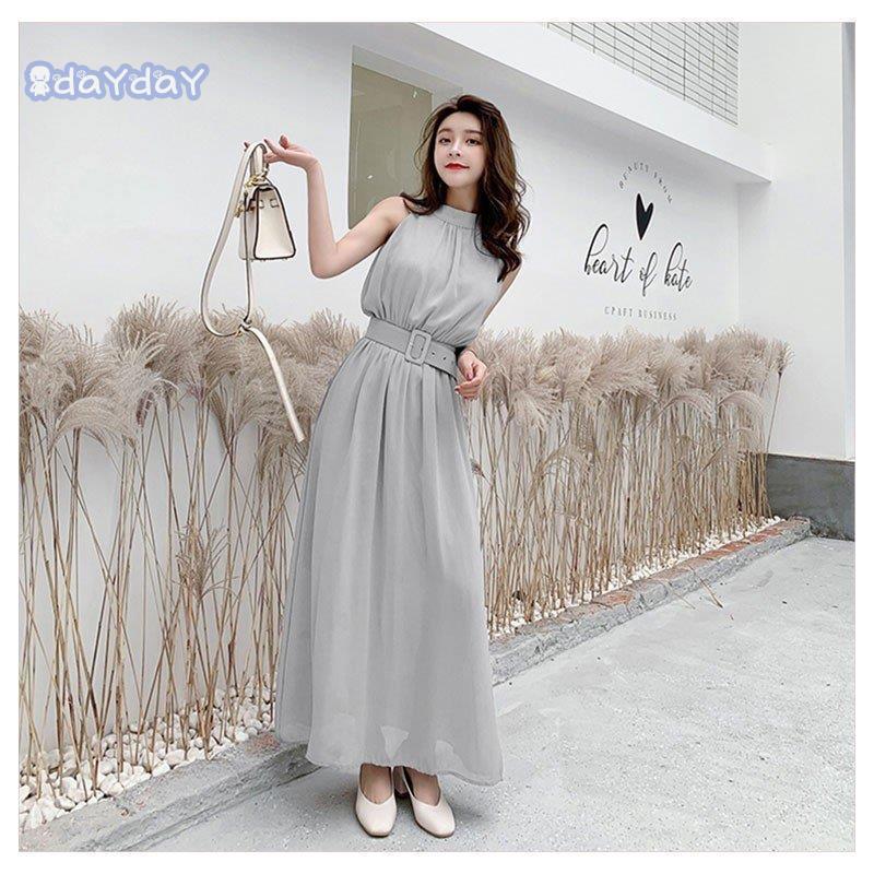 ワンピース 夏 レディース ロングワンピ リゾートワンピ ロング丈 体型カバー Aライン ノースリーブ シフォン 付 スタンドカラー 無地 オシャレ 通勤