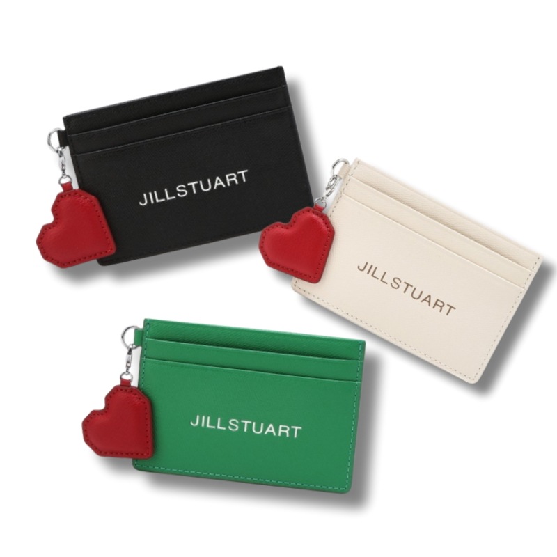 [カラー選択]ロゴポイント 牛革 ハート チャーム飾り ミニカード財布 1個 ブラック アイボリー グリーン