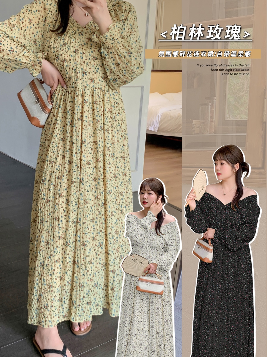 【ぽちゃまに】 秋 柄ワンピース 大きいサイズ 体型カバー レディース レトロ ロングワンピース メガ割