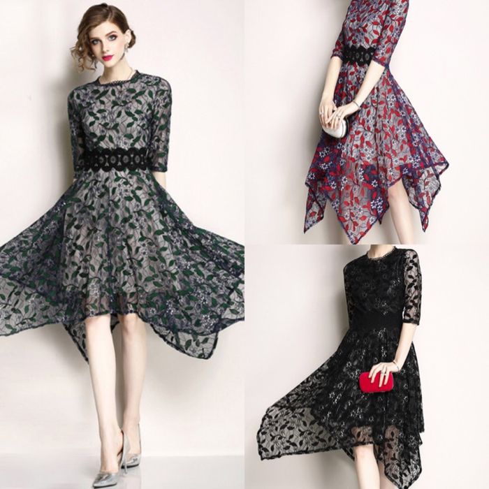 パーティードレス 韓国 結婚式 ドレス ワンピース 個性的 黒 赤 緑 紫 ボタニカルレース 透け感 シースルー アシンメトリー フレア 膝下丈 フォーマル クラシカル ミモレ丈 ハイウエスト 美シル