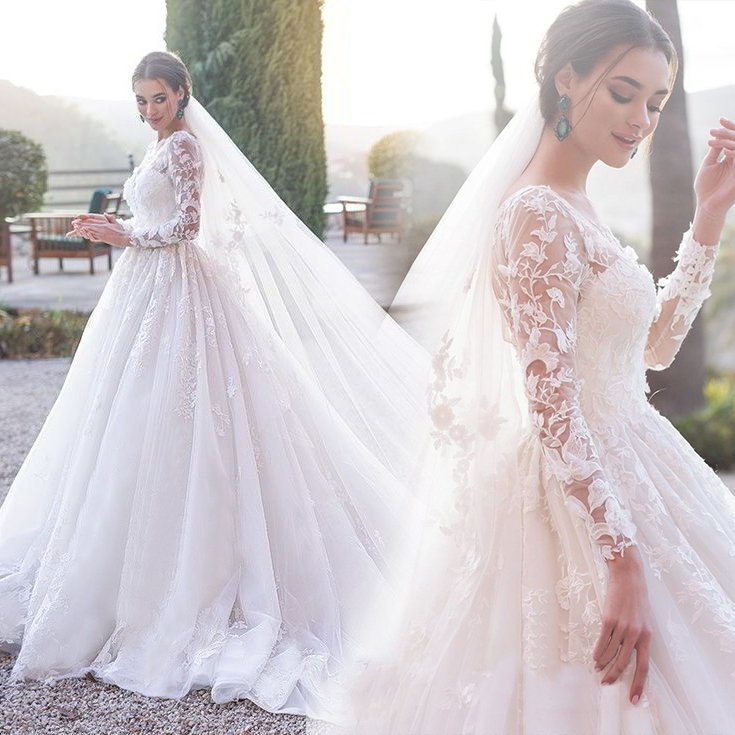 ウェディングドレス 結婚式 二次会 ホワイト 長袖 花嫁 白ドレス ロングドレス 披露宴 パーティードレス エレガント レース ウエディング ブライダル 安い