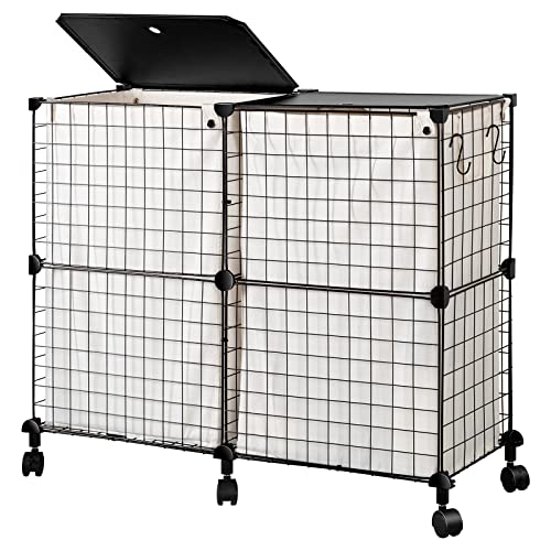 UZENN 144L ランドリーバスケット 蓋付き 洗濯カゴ 仕分け 大容量 キャスター付き ランドリー ボックス ワイヤーネット 洗濯物入れ 角型 持ち手付き 収納バッグ おしゃれ（ダブル）