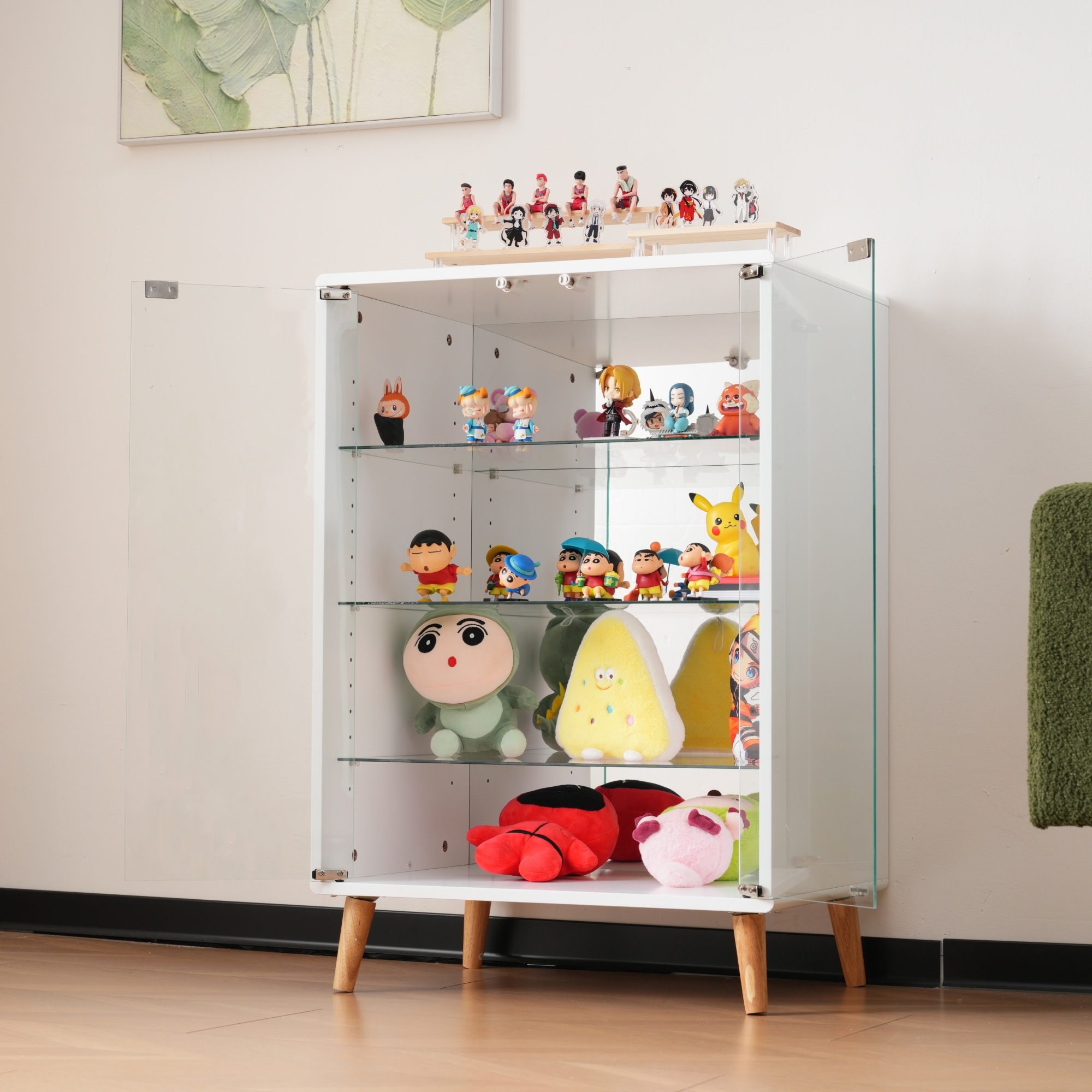 【国内出荷】コレクションケース ワイド 大容量 コレクションシェルフ ガラスディスプレイキャビネット 4段 高さ調節可能 背面ミラー 強化ガラス棚 サイズ：幅60*奥行43*高さ88CM ホワイト