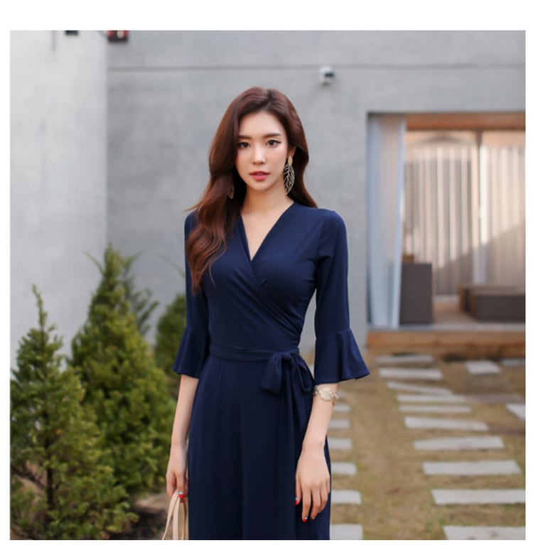 ワンピース フレアワンピース ワンピドレス ロング丈 マキシ丈 袖あり 7分袖 七分袖 Vネック カシュクール 襟なし セミフレア タイト 細身 ウエストマーク ウエストリボン サイドスリット