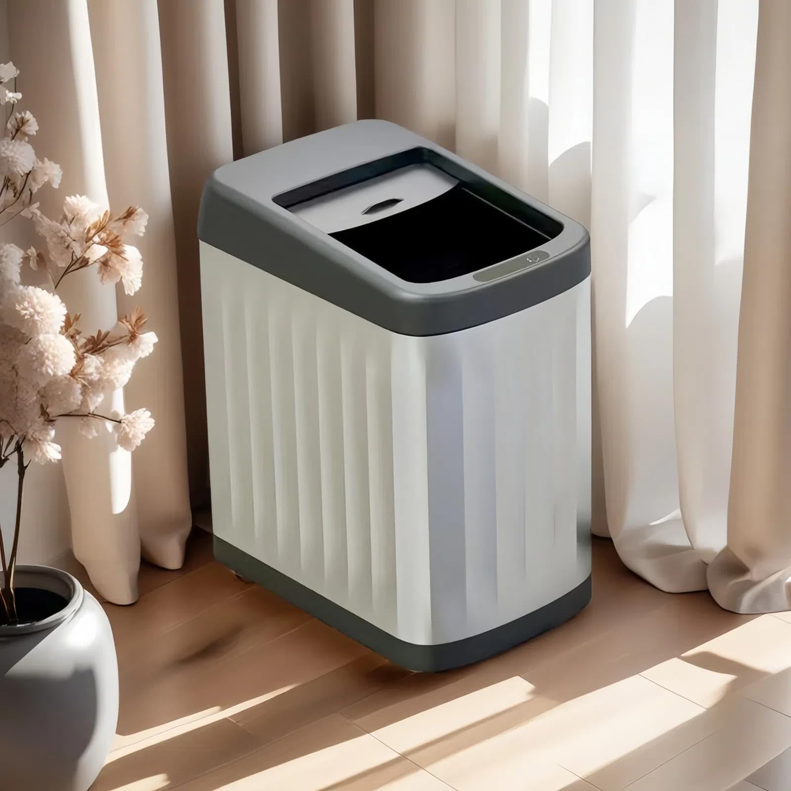 シャッター式 自動開閉15Lゴミ箱 静音設計 センサー 非接触センサー 防臭防水 省スペース 電池式 (シルバー)