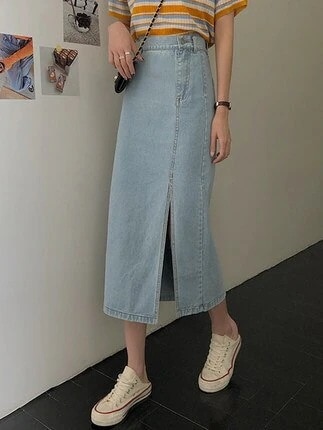 スカート スリム レディース デニム スリット シンプル ラフ 個性的 かわいい 大人可愛い きれいめ カジュアル おしゃれ 無地 オールシーズン ママ 学生 お出かけ ブルー ネイビー ボトムス