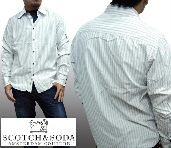 スコッチ&ソーダ スコッチアンドソーダ scotch&soda メンズ 長袖 シャツ ダイヤストライプ ホワイト ブラック ダブルボタン ロールアップ トップス カジュアル サーフ セレブ ストリート