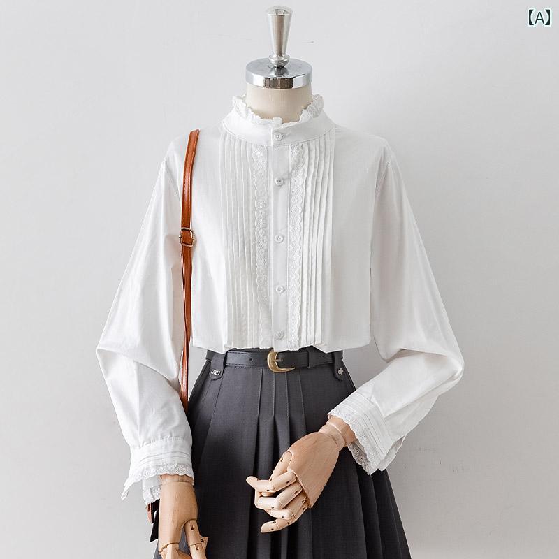 レディース シャツ ブラウス 長袖 春秋 白 フリル立ち襟 フリル レース プリーツ フレンチ エレガント ロマンティック クラシカル フローラル フェミニン シック ヴィンテージ