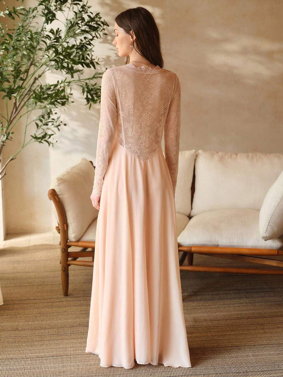 レース&サテンパッチワーク ロングナイトガウン春夏用