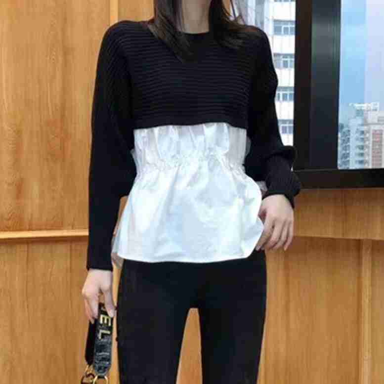 トップス ペプラムリブニットトップス カットソー 異素材 ドッキング シャツ 切り替え クルーネック 長袖 ギャザー フレア ペプラム ラグランスリーブ ドロップショルダー 黒 ブラック 大人可愛い 5,037円