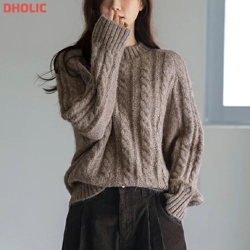 ラグラン長袖ラウンドネックケーブルニット・1936037