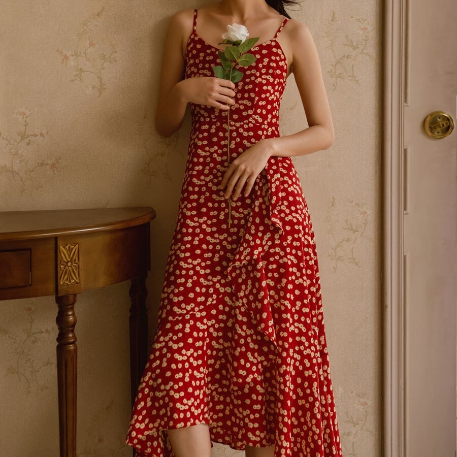 ワンピース レディース 小花柄 キャミワンピ ロング ロング丈 フレア カジュアル 無地 きれいめ 上品 お洒落 おしゃれ 大人 こなれ感 楽ちん 体系カバー ガーリー ウエストマーク