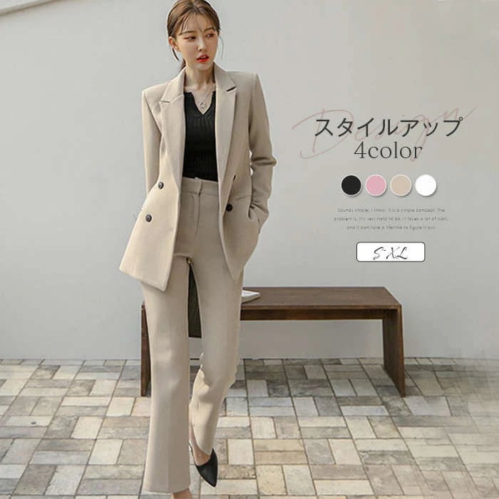 パンツスーツ レディース スーツ セットアップ スーツセット レディーススーツ カジュアルスーツ パンツ ロング トップス ボトムス ママスーツ フォーマル ハイウエスト ボタン付き 体型カバ
