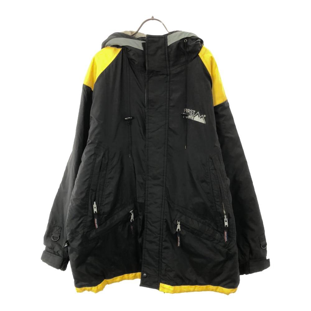 90s オールド ロゴ刺繍 フード ナイロンジャケット L ブラック×イエロー 裏地付き メンズ