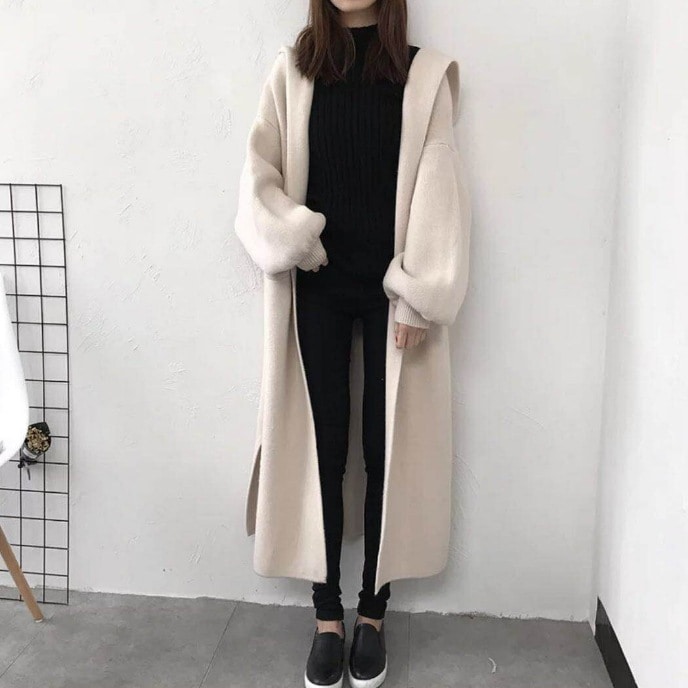 【おしゃれ度アップ】 韓国系秋冬無地フード付きロングカーディガン