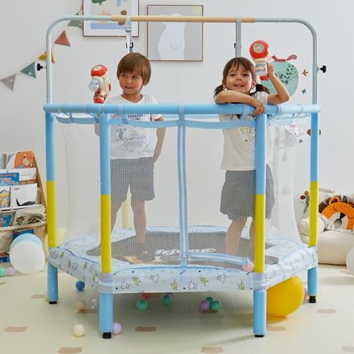 LEJUMP トランポリン 直径140cm（55inch）子供用 一台三役 鉄棒&吊り輪付き(外す可能) 360手すり 静音設計 超大スペース 耐荷重65KG 室内用 安定 丈夫 飛び出し防止安全保
