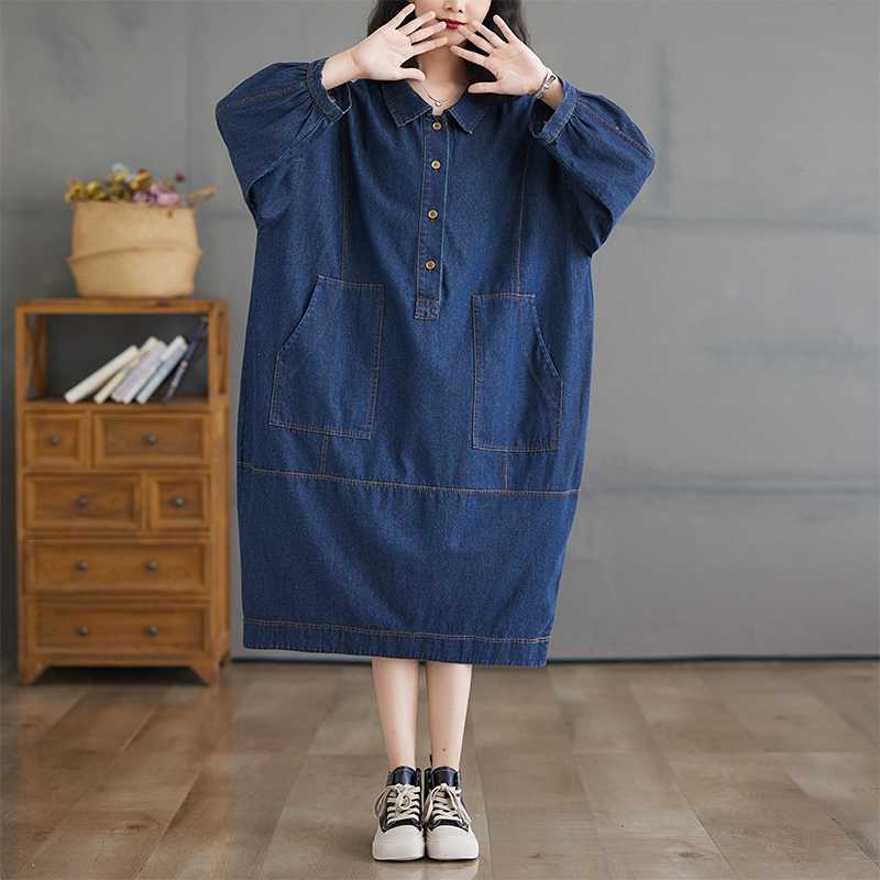 「ファットガール」 2024秋新品 レトロ デニムワンピース 大きいサイズ 体型カバー レディース ロングワンピース メガ割30%制限