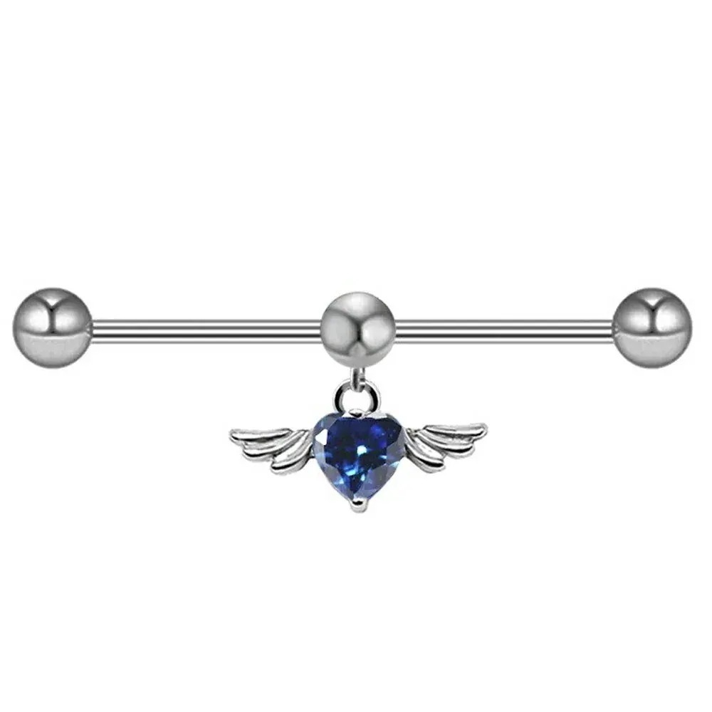 【10点セット】ボディピアス 16G ムーブボールインダストリアルサファイアエンジェルハート動く 16ゲージ 30-60mm 14サイズ 長い ロングバーベル 翼 羽根 青色 天使 bb697xxxx