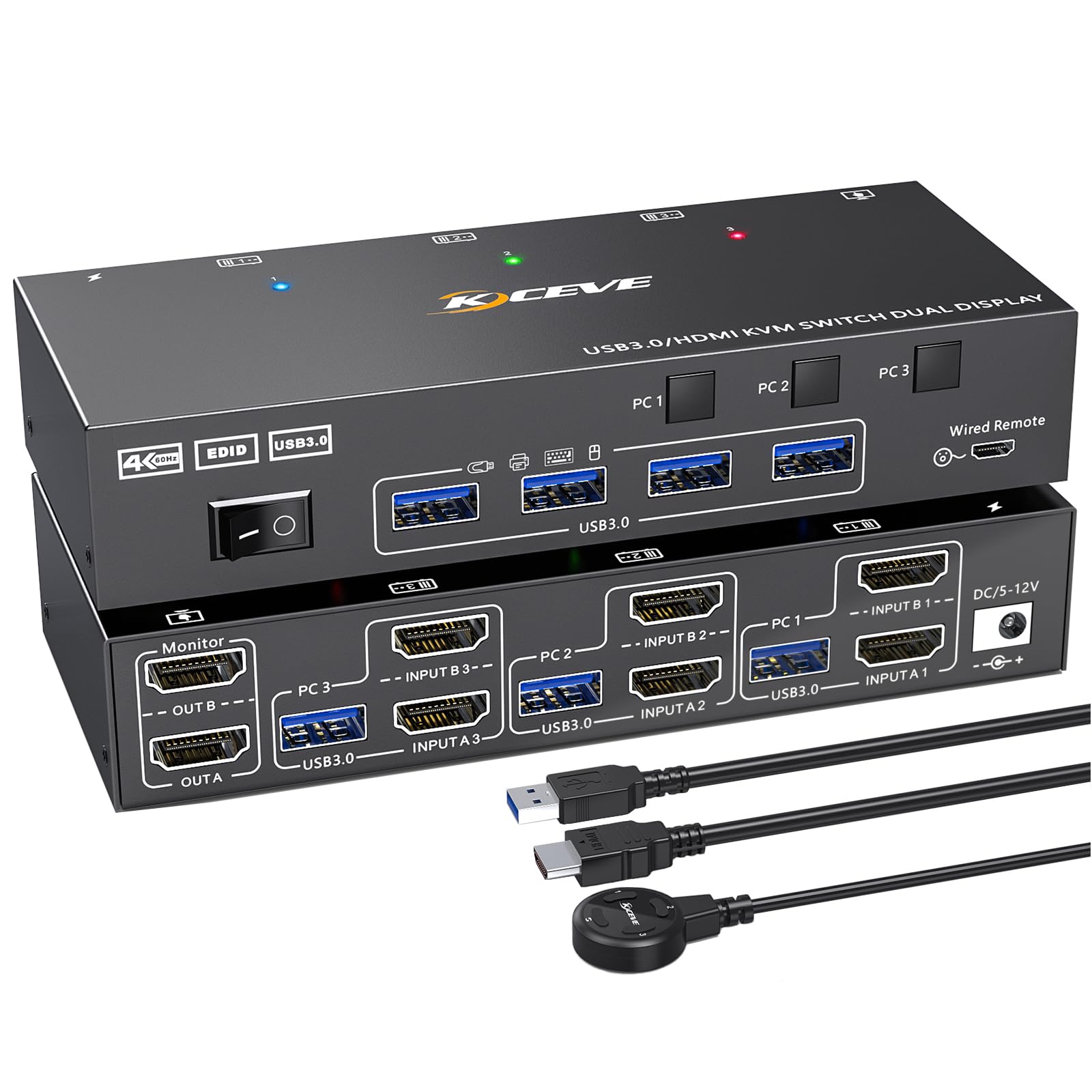 デュアル モニター KVM HDMI USB 3.0 KVM スイッチ 2 台のモニター3 台のコンピューター4K@60Hz 2K@120HzEDID および 4 つの USB 3.0 ポート付きKV