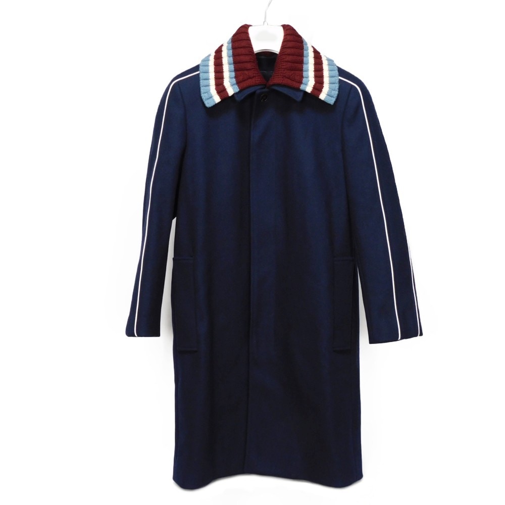 【中古】 トレンチコート ストライプ ボーダー 44 パイピング 襟付き 2WAY ロング リブ コート