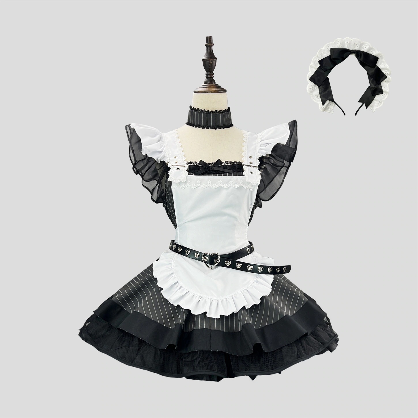【今日限定】新作 レトロな白黒ストライプ ロリータ風メイド服 サブカルチャー風 日本風 可愛いエプロン付きセット コスチュームドレス