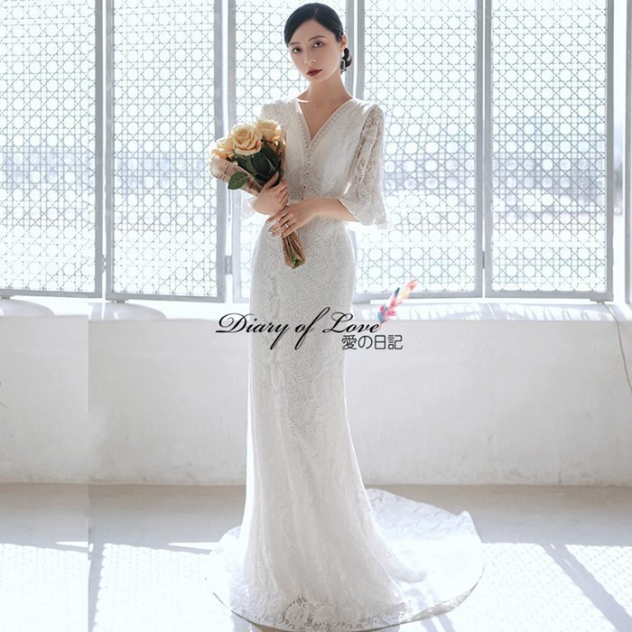 袖付きのマーメイドドレス ウェディングドレス 結婚式/個性派 海外ウエディングOK 繊細なレース ロ