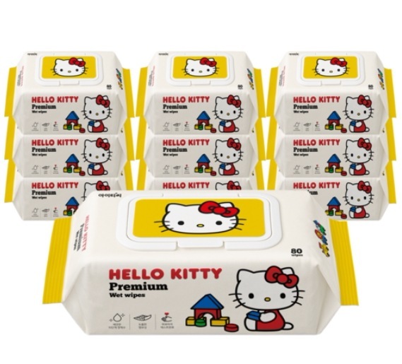 ハローキティ プレミアム キャップ型ベビーウェットティッシュ 80枚 × 10個 (70gsm)