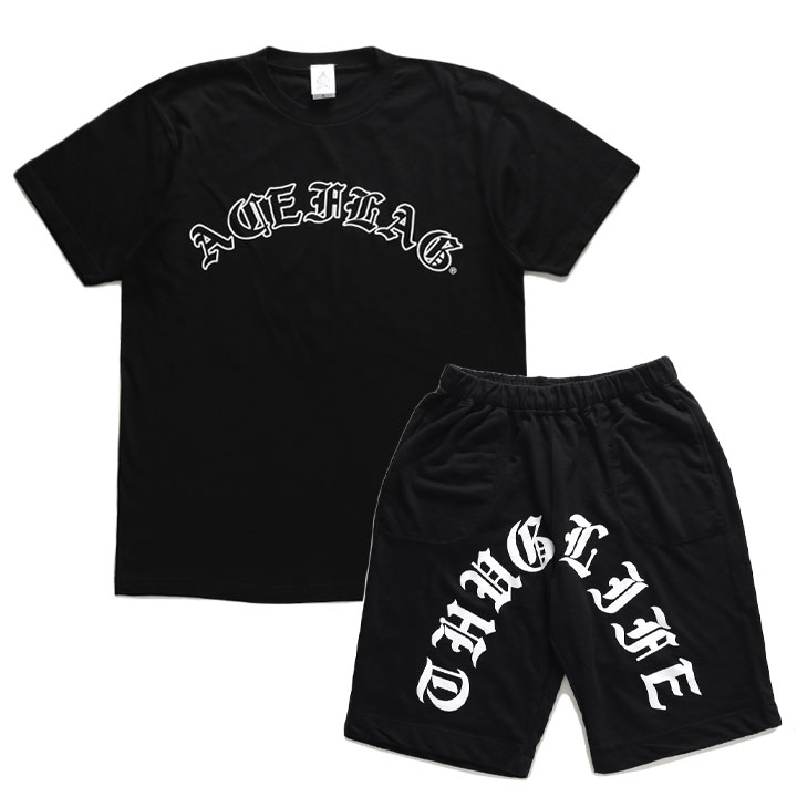 ACE FLAG 上下セット 半袖 ブランド Tシャツ ハーフパンツ メンズ 春夏用 黒 大きいサイズ エースフラッグ セットアップ シンプル アーチロゴ オールド文字