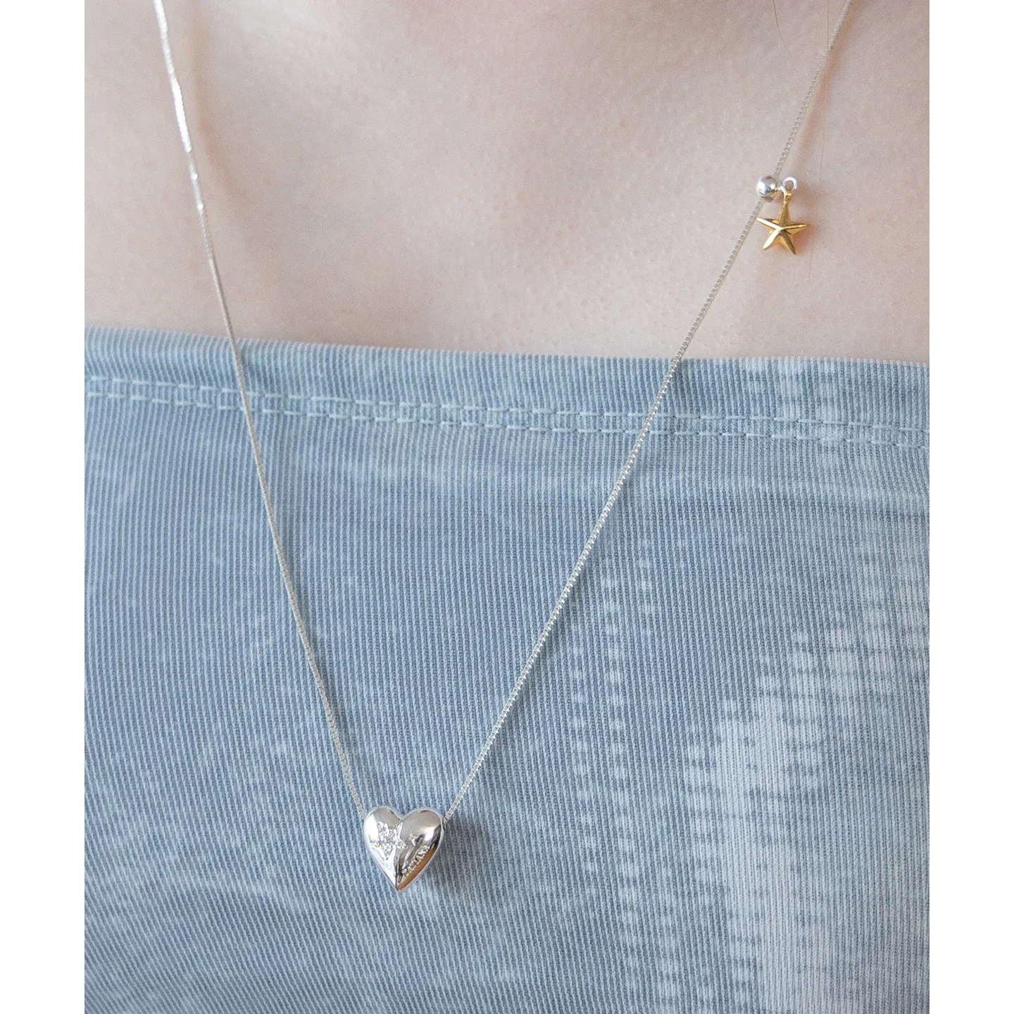ショコラ ハート スター ダングル ネックレス NZ2162／シルバー925 ネックレス／ハート＆スター モチーフ 可愛いデザイン／韓国ジュエリー