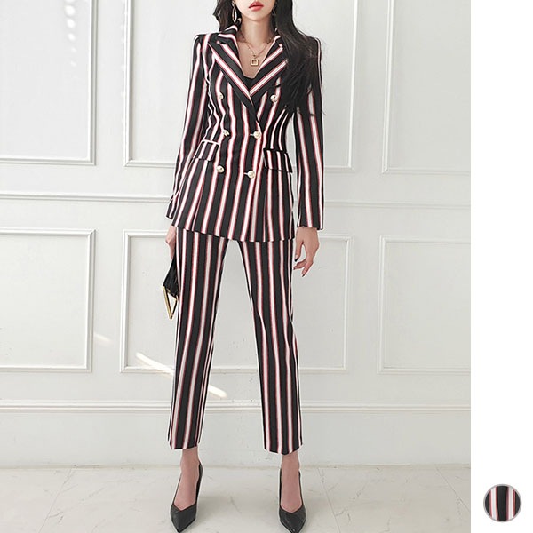 セットアップ レディース スーツ 長袖 上下セット ジャケット パンツ ストライプ ダブルボタン タイト きれいめ 上品 オフィス 春 秋 韓国 to25614