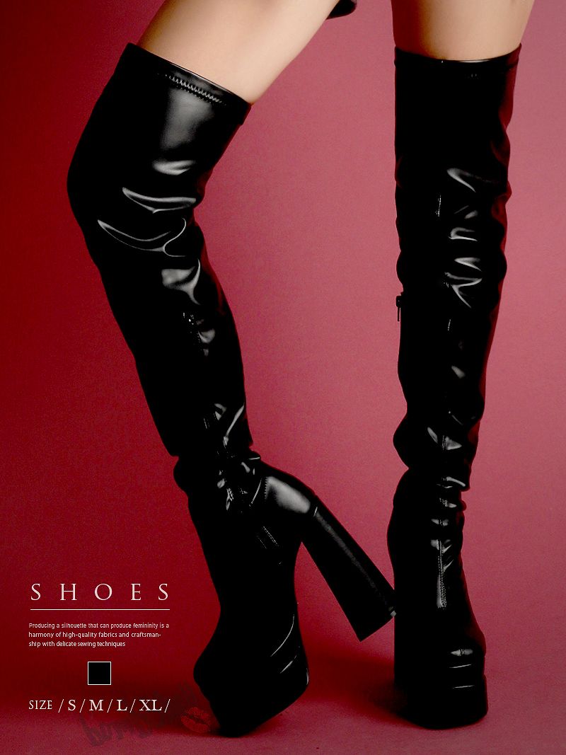 ブーツ ダンスシューズ フェイクレザー 厚底 ハイヒール サイハイブーツ エナメル チャンキーヒール ニーハイ 靴 ダンスシューズ 大きいサイズ bombshell