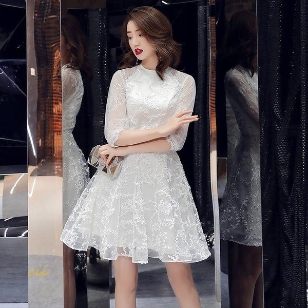 ホワイト ワンピース フォーマル ミニドレス 卒業式 5分袖 20代 着痩せ ミニ丈 撮影 パフスリーブ Aライン 成人式 パーティードレス