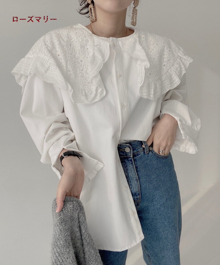 ローズマリー 韓国ファッション 3月新品販売 刺繍フック花ゆったり無地シャツ レディース服