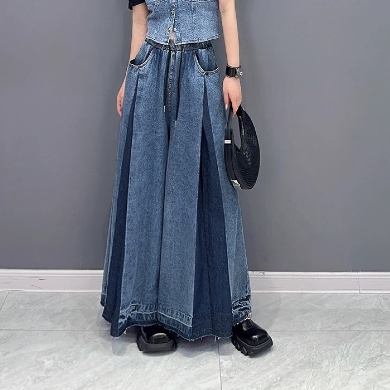 ワイドパンツ レディース デニム パンツ 切り替えパンツ ワイド ロング丈 ロングパンツ ボトムス ワイドパンツ ガウチョパンツ ポケット ハイウエスト ウエストゴム シンプル 大人 おしゃれ レトロ