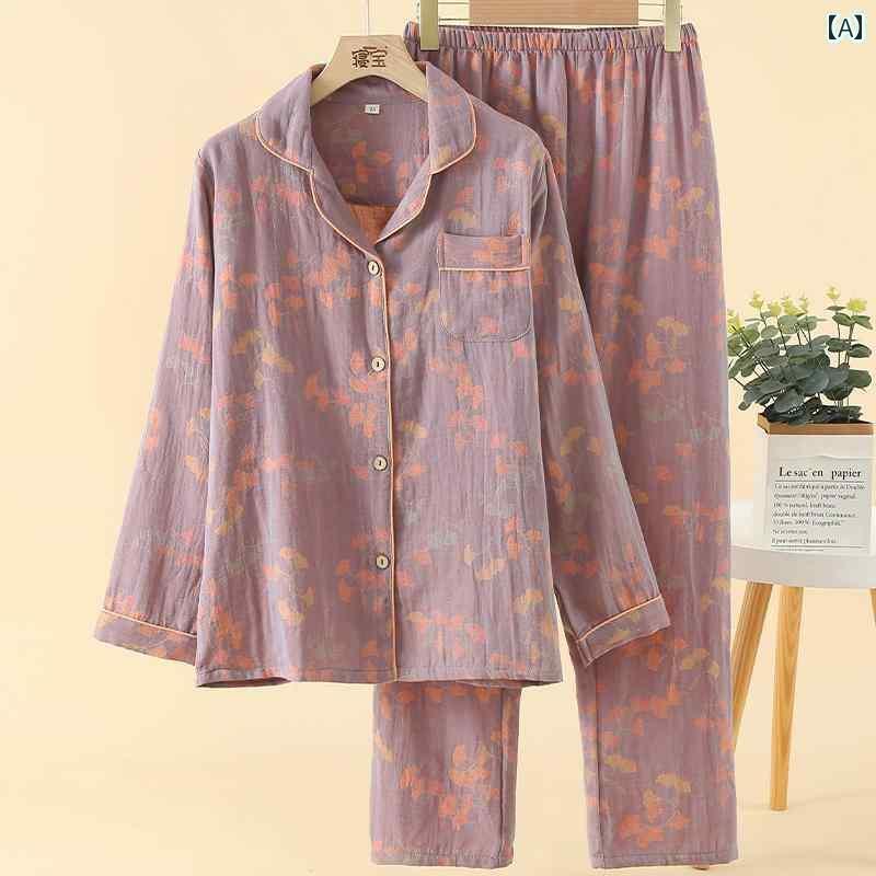 ルームウェア 部屋着 レディース 長袖 婦人 ミセス 高齢者 綿 ガーゼ パジャマ 春秋 ズボン カーディガン 麻 ホームウェア セット パープル グリーン ブルー