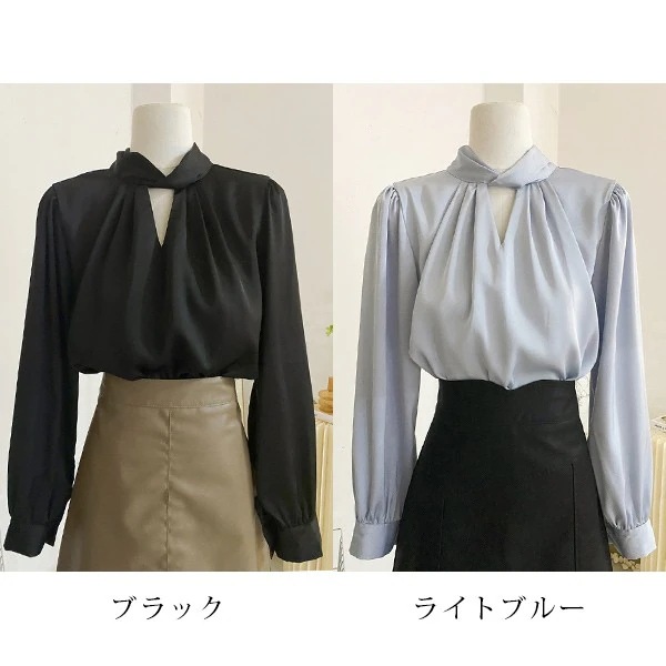 トップスシャツブラウスオフィス 秋 おしゃれ ブラウス トップス 長袖 面接 就職活動 事務服 仕事着 ワイシャツ リボン 上着 無地 ビジネス ライトブルー OL Vネック ブラウス 就活 肌見