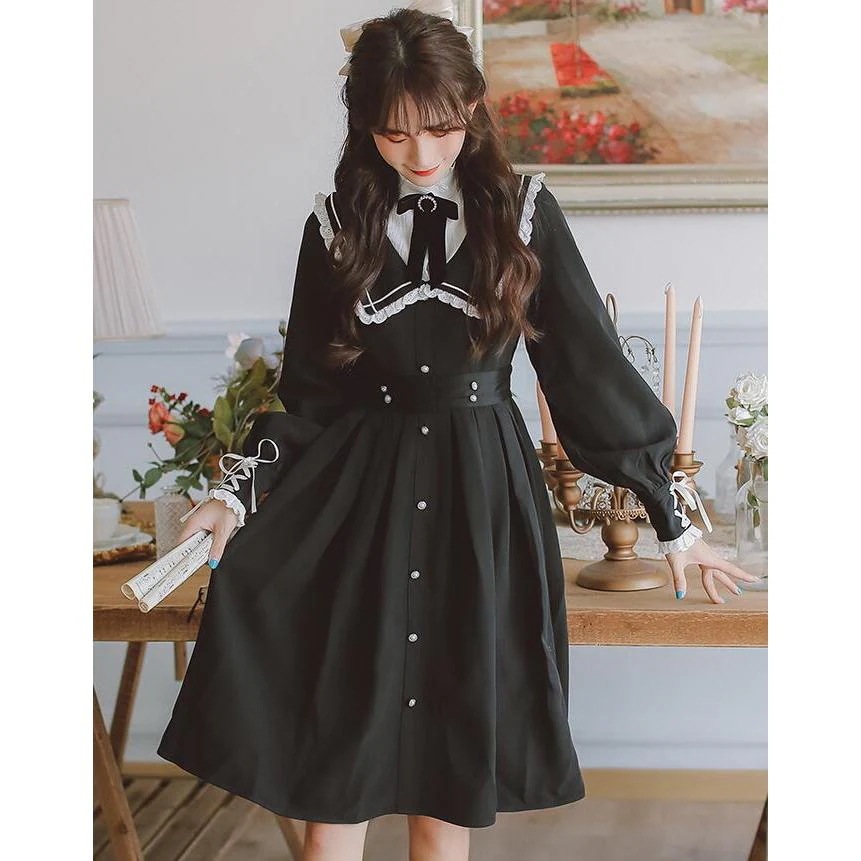 シャツワンピース レトロ ワンピース 長袖 重ね着風 可愛い 春ワンピース 膝丈 ロリータ ワンピース レディース 女子 学生服 セーラー風 ワンピース 森ガール レ