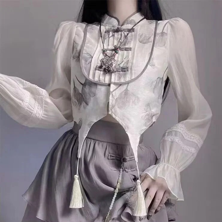 復古の国風の新しいチャイナドレスのバックルのスーツ夏の新型のファッション女性の半身のスカートやせて見えます2点セット