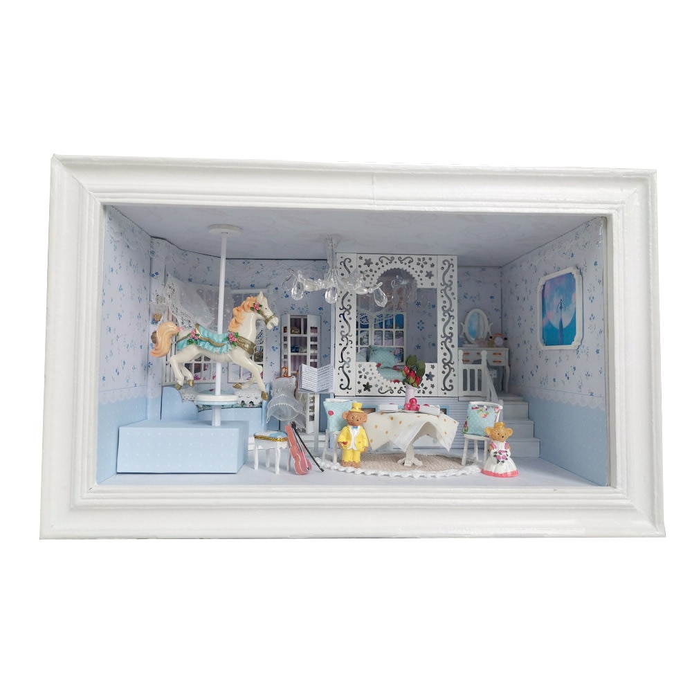 1/24 ドールハウス ミニチュア DIY 手作りキット セットテディベア の プリンセス の お部屋 犬 トイプードル LEDライト + フィギュア + オルゴール