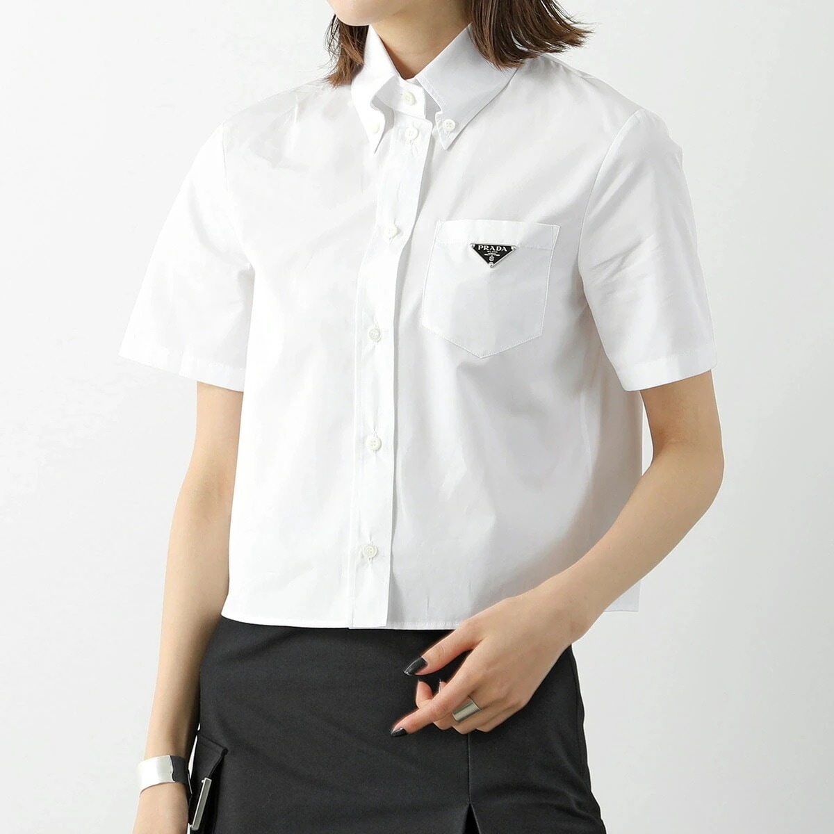 PRADA プラダ ポプリン シャツ P419G 1XV2 レディース コットン 半袖 胸ポケット トライアングルロゴ F0009/BIANCO