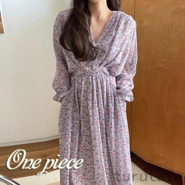 春物 レディース 秋服 ロング丈 ドレス 花柄 長袖 シフォン カジュアル め おしゃれ 韓国 卒業式 服 母 着痩せ 通勤 OL