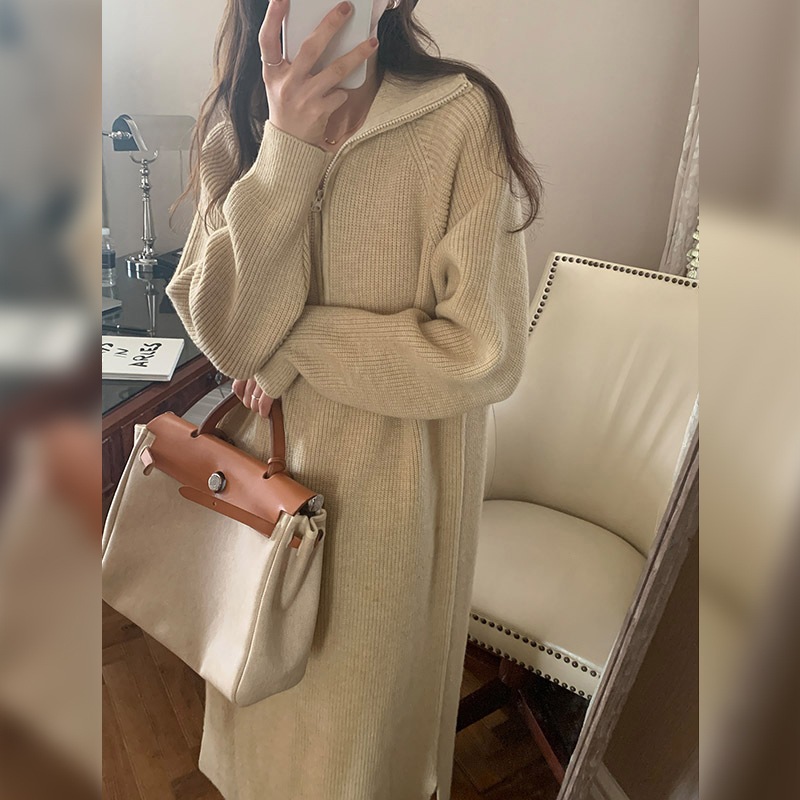 女性用長袖ドレス付きニットジッパーセーター秋と冬の怠惰なスタイルのルーズボトムロングスカートQ73