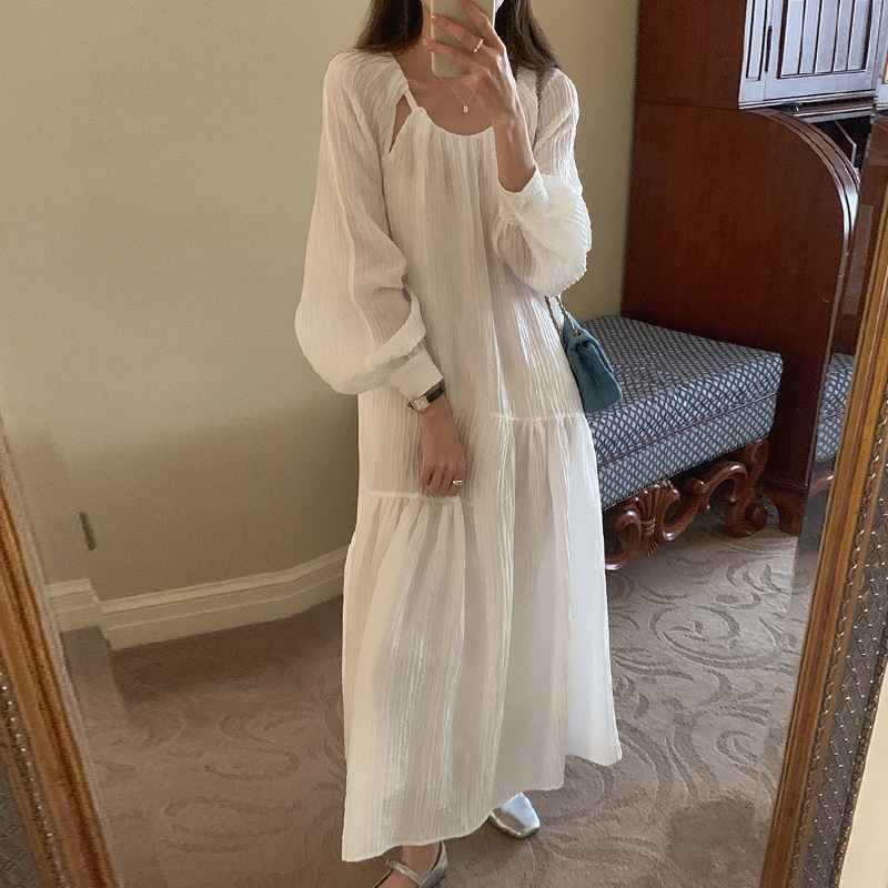 ワンピース ロングワンピース 長袖 ボリューム袖 ラウンドネック カットアウトデザイン アシンメトリー ロング丈 透け感 かわいい 大人可愛い きれいめ シンプル 上品 おしゃれ 大人女子 4,769円