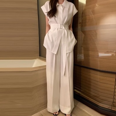レディース トップス ジャケット パンツ シャツ ブラウス セットアップ タイト ストレート フェミニン ベルト ウエストリボン ポケット ハイウエスト 大人可愛い シンプル 上品 おしゃれ レトロ