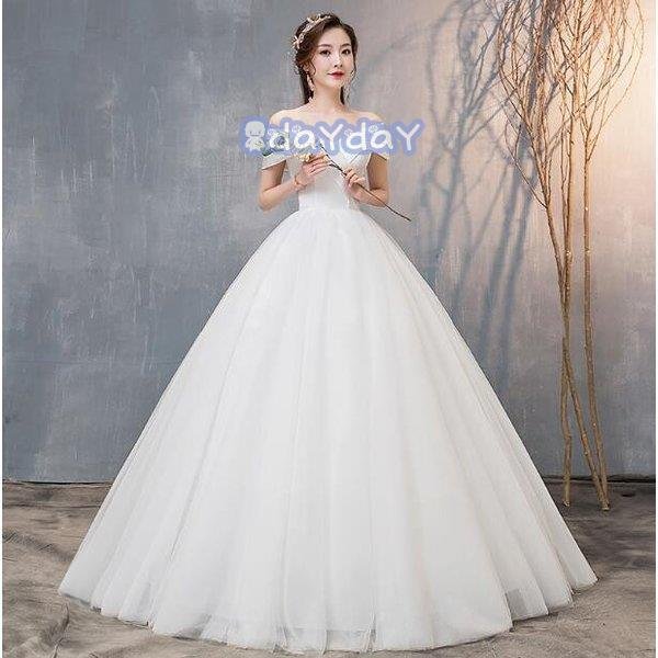 ウェディングドレス 結婚式 花嫁 プリンセスドレス 白ドレス ロングドレス 披露宴 編み上げ　オフシ