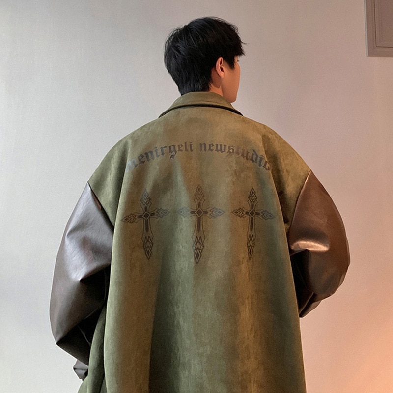 ジャケットメンズ秋ニッチデザインセンススプライシングPUレザージャケットアメリカンレトロルーズプラスサイズトップス