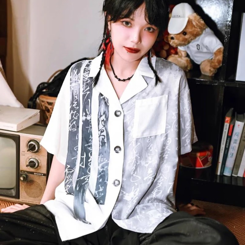 【快速出荷】チャイナ風シャツ ブラウス レディース 半袖 トップス メンズ 夏 ゆったり 切り替え 漢字プリント 男女兼用