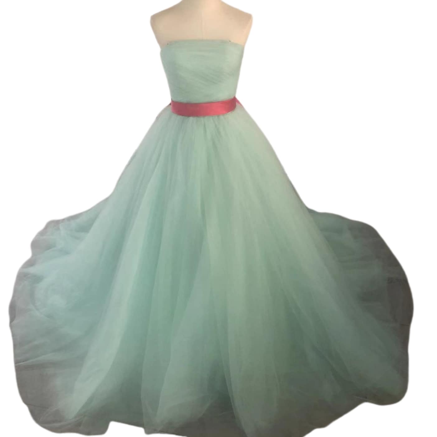 エレガント 水色 カラードレス ベアトップ チュールドレス サッシュベルト ふわふわ 前撮り 26,371円